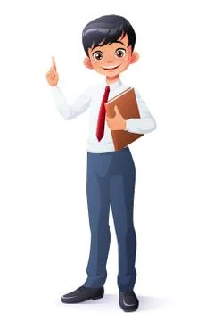Vector smart young Asian school boy index finger pointing up. Stock Illustration