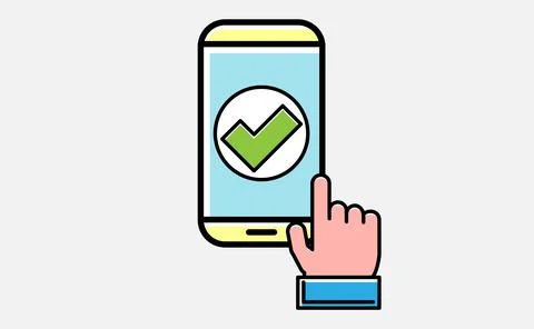 Vector Smartphone and Check Mark Icon with hand symbol illustration. EPS10. Stock Illustration