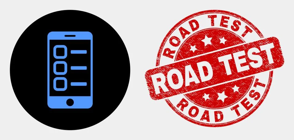 Vector Smartphone Tasks Icon and Scratched Road Test Stamp Seal 스톡 일러스트