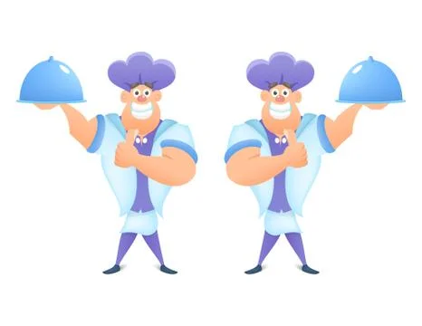 Vector Smiling Chef holding a dish in a restaurant and hand showing like isol Stock Illustration