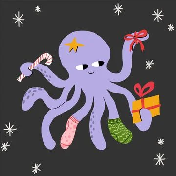 Vector smiling festive octopus with a star on head Stock Illustration