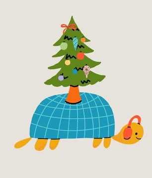 Vector smiling turtle with earmuffs and Xmas Tree Stock Illustration