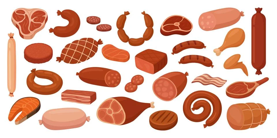 Vector Smoked and Raw Meat Products, Sausages, Steaks, Ham, Bacon, Salami Stock Illustration
