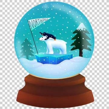 Vector snow globe is featuring polar bear and penguin on ice floe with flag, Stock Illustration