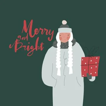 Vector snow maiden with gift box, lettering quote: Merry and Bright Stock Illustration