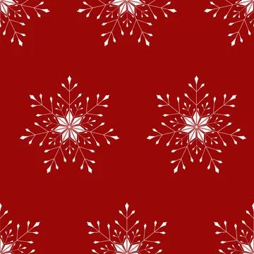 Vector. Snowflake simple seamless pattern. White snow on a red background. Stock Illustration