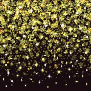 Vector snowflakes falling on blue background golden snow Stock Illustration