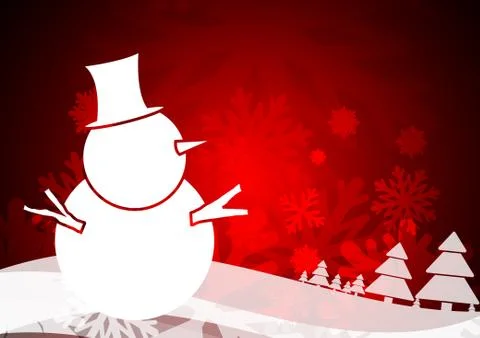 Vector : Snowman christmas trees and ice crystal on red christmas background Stock Illustration