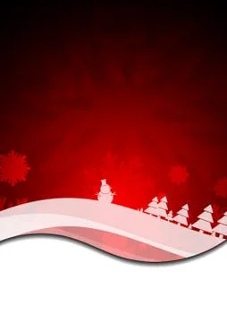 Vector : Snowman christmas trees and ice crystal on red christmas background Stock Illustration