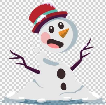 Vector snowman is collapsing, melting into puddle with top hat, twig arms on Stock Illustration