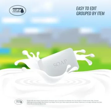 Vector Soap with milk splash. Natural handmade Soap advertisement design or Stock Illustration