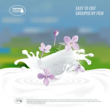 Vector Soap with milk splash. Natural handmade Soap advertisement design or Stock Illustration