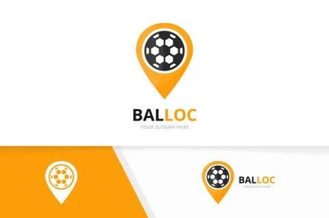 Vector soccer and map pointer logo combination. Ball and gps locator symbol or Illustrazione stock