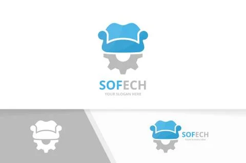 Vector sofa and gear logo combination. Couch and mechanic symbol or icon. Unique Stock Illustration