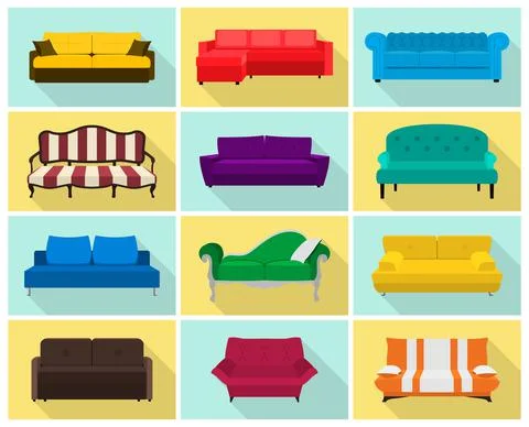 Vector sofa icon set. Colored collection in flat style with long shadows. Tem Stock Illustration