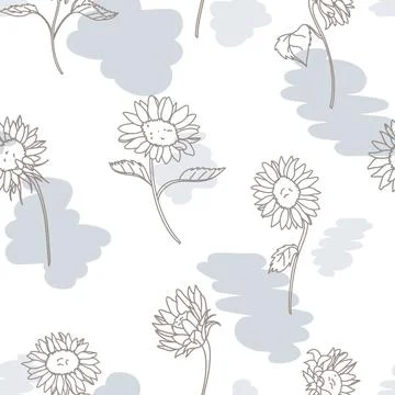 Vector Soft Sunflower Lineart with Abstract Shapes seamless pattern backgroun Stock Illustration