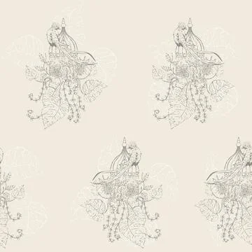 Vector Soft Victorian Garden Bird Lineart seamless pattern background. Perfect Stock Illustration