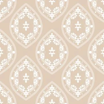 Vector Soft White Floral Ogee on Beige seamless pattern background. Perfect for Stock Illustration