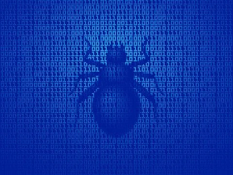 Vector software bug on computer monitor with binary code Stock Illustration