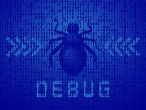 Vector software bug on computer monitor with binary code Stock Illustration