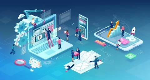 Vector of software development team working on new startup, mobile app crea.. Stock Illustration