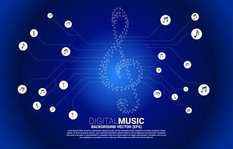 Vector sol music key note from dot connect line circuit board style. Concept  Stock Illustration