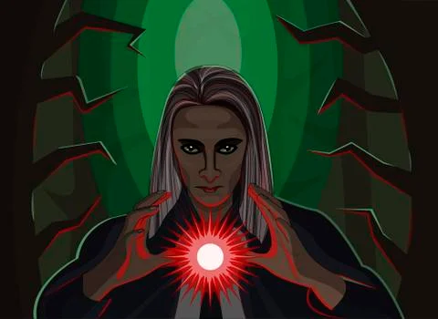 Vector sorcerer in the forest holds a magic ball Illustrazione stock