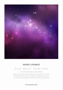 Vector space card design with colorful purple nebula and bright stars. Stock Illustration