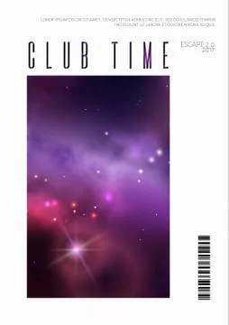 Vector space night party flyer design with colorful purple nebula and bright Stock Illustration