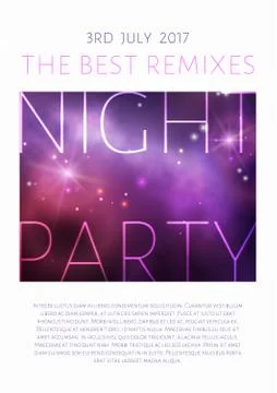 Vector space party flyer design with colorful purple nebula and bright stars. Stock Illustration