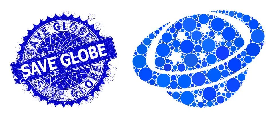Vector Space Planet Composition of Small Circles with Textured Save Globe Stamp Stock Illustration