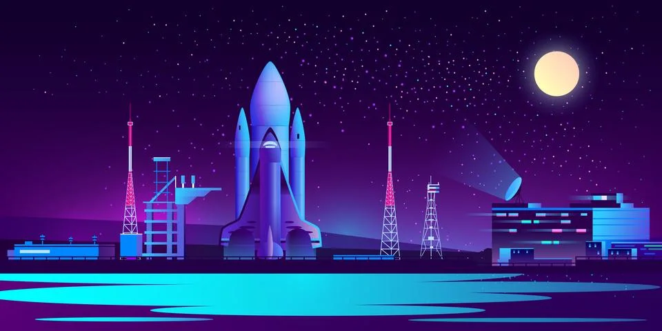 Vector spaceport, base at night with rocket Stock-Illustration