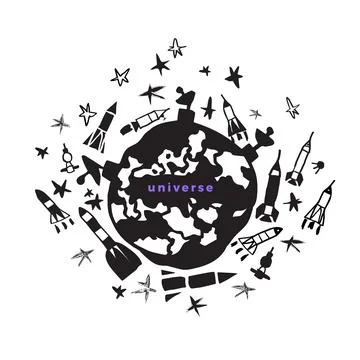 Vector spase set of rocket. Universe and cosmic ship in cartoon style. Abstra Illustrazione stock