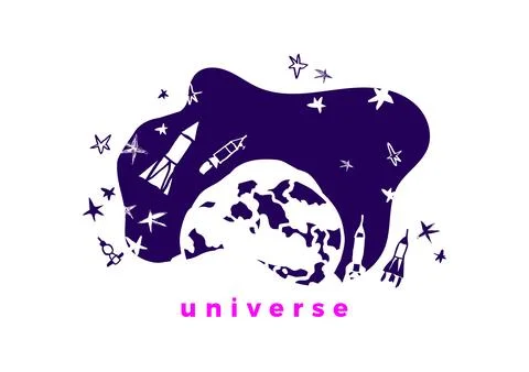 Vector spase template. Universe and cosmic ship, rocket, star, sky in cartoon Stock Illustration