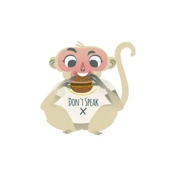 Vector speak no evil monkey eating big burger Illustration