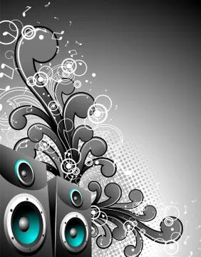Vector speakerbox with grunge floral elements on a dark background. Illustrazione stock