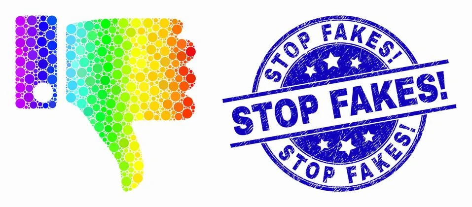 Vector Spectral Dot Thumb Down Icon and Scratched Stop Fakes! Stamp Stock-Illustration