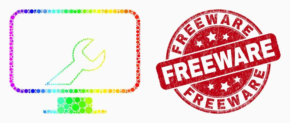 Vector Spectral Dotted Computer Settings Wrench Icon and Scratched Freeware W Stock Illustration