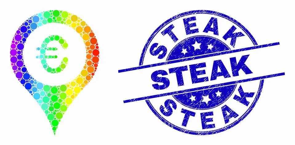 Vector Spectral Dotted Euro Map Marker Icon and Grunge Steak Stamp Seal Stock Illustration