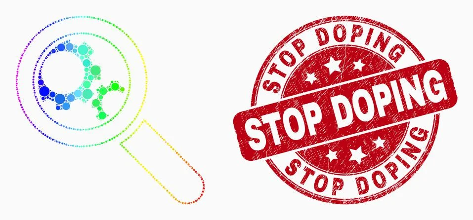 Vector Spectral Dotted Explore Gears Icon and Distress Stop Doping Stamp Stock Illustration