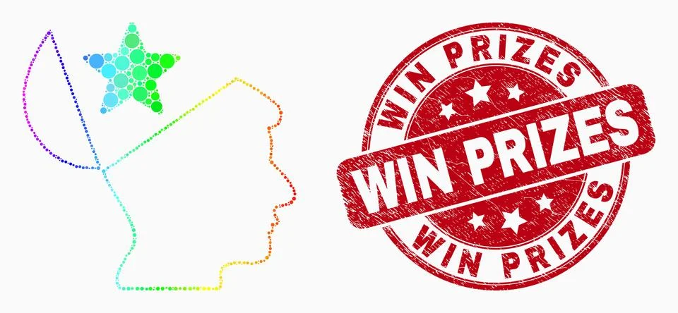 Vector Spectral Dotted Open Mind Star Icon and Scratched Win Prizes Watermark 스톡 일러스트