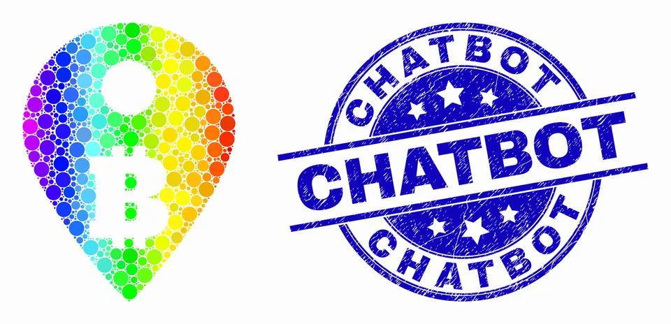 Vector Spectral Pixel Bitcoin Map Marker Icon and Distress Chatbot Stamp 스톡 일러스트