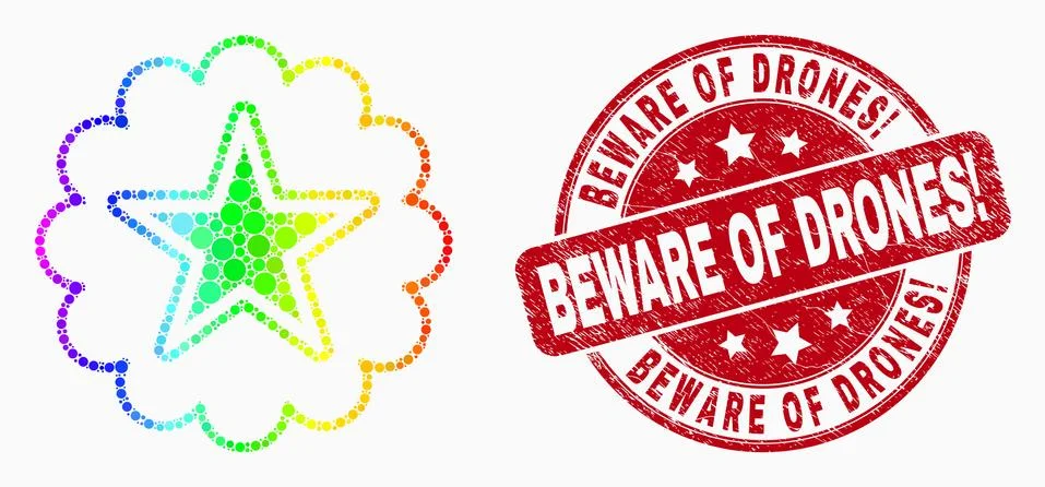 Vector Spectral Pixel Star Rosette Icon and Scratched Beware of Drones! Stamp Stock Illustration