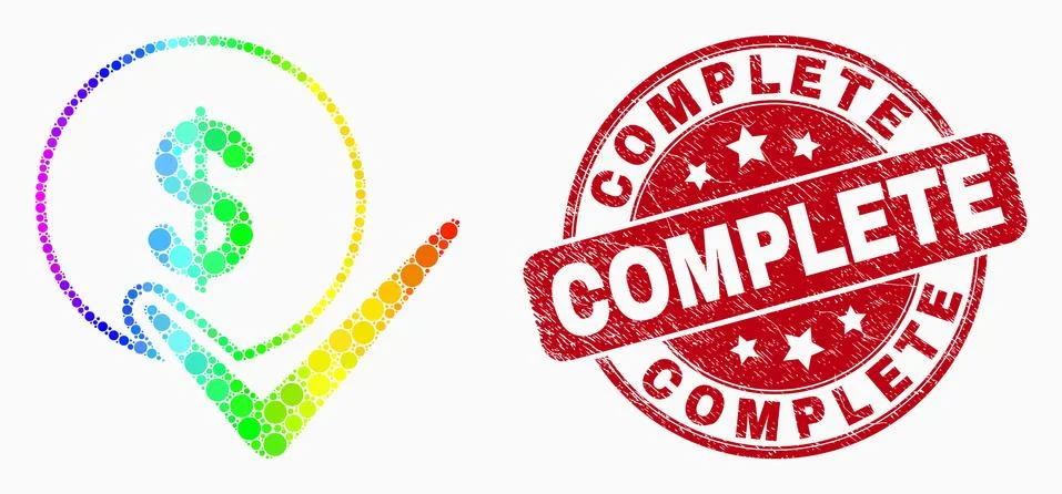 Vector Spectral Pixel Valid Dollar Coin Icon and Distress Complete Stamp Stock Illustration