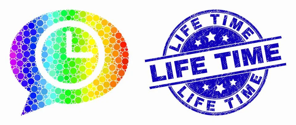 Vector Spectral Pixelated Clock Message Balloon Icon and Grunge Life Time Stamp Stock Illustration