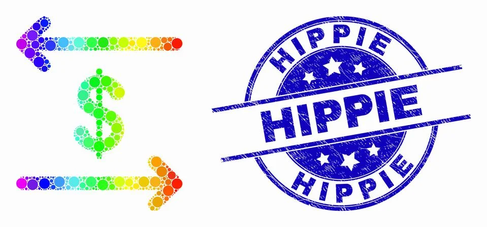 Vector Spectral Pixelated Dollar Exchange Arrows Icon and Distress Hippie Stamp Illustrazione stock