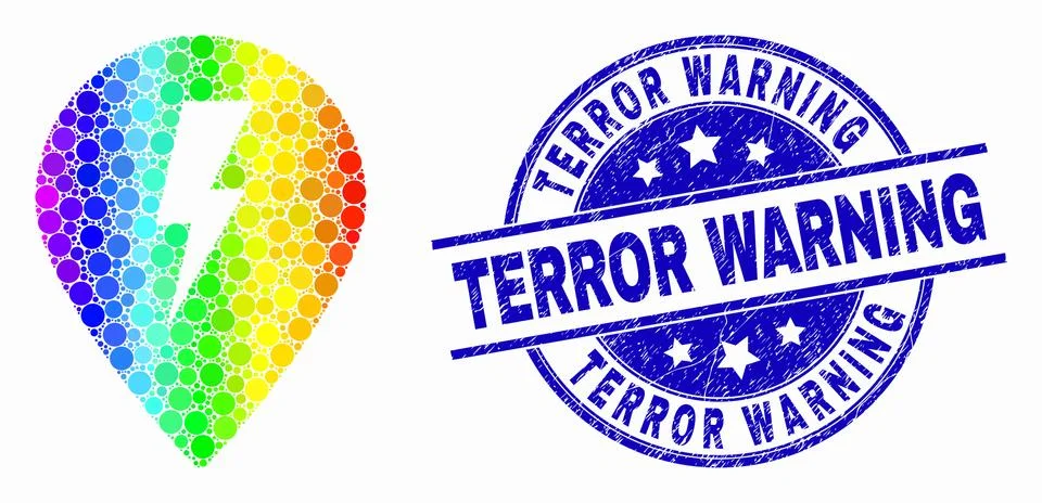 Vector Spectral Pixelated Electric Map Marker Icon and Scratched Terror Warning Stock Illustration