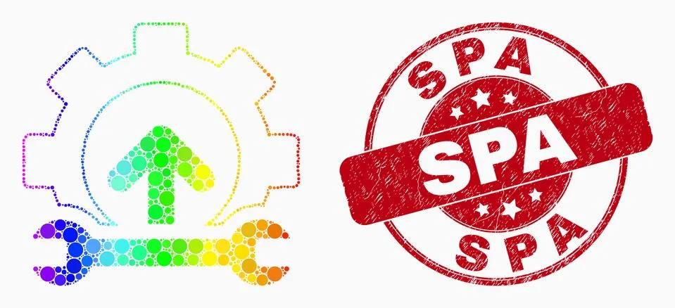 Vector Spectral Pixelated Gear Integration Arrow Icon and Grunge Spa Watermar Stock Illustration