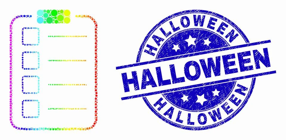 Vector Spectral Pixelated List Items Pad Icon and Grunge Halloween Stamp Illustrazione stock