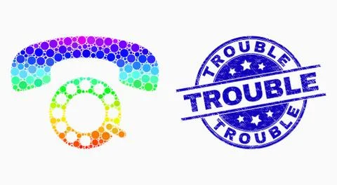 Vector Spectral Pixelated Pulse Phone Icon and Scratched Trouble Stamp Seal Stock Illustration